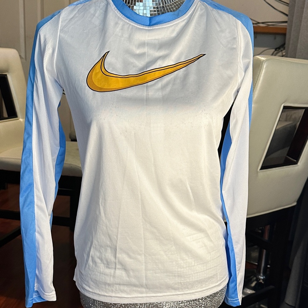 Nike White and Light Blue Long Sleeve Top with Yellow Swoosh